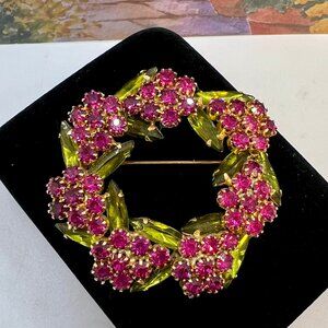 Navette and Chaton Wreath Brooch Green and Pink